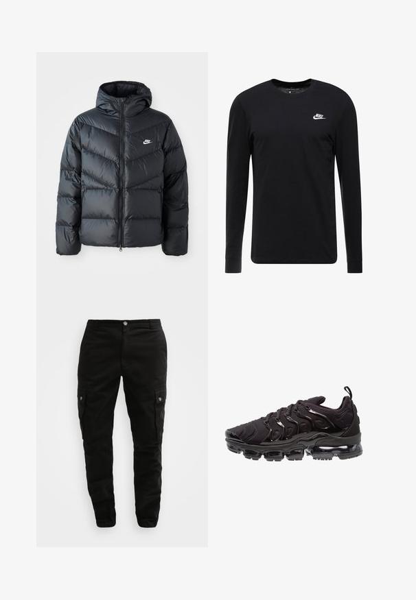 Must must vilakapp, millel on kapuuts, esiosal on lukuga kinnitamine, chevroni õmblusmustri disain, küljetaskud ja Nike logo rinnal.; Must have musta T-särk pikkade varrukatega, valmistatud puuvillast, ümar kaelus, ribaga mansetid ja rinnal väike valge Nike logo.; Mustad must kaherid, mis on valmistatud vastupidavast kangast, küljetaskutega, nööbiga ja kitsast lõikest. Sile tekstuur minimaalse detailidega.; Mustad mustreejalanõud, millel on tekstureeritud kangast pealisosa, läikivad aksessuaarid ja silmapaistev õhkpadi. Omab eristuva lainelise disainiga elemente.