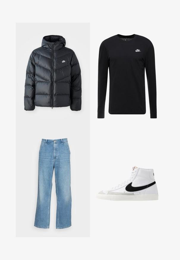 Must must vilakapp, millel on kapuuts, esiosal on lukuga kinnitamine, chevroni õmblusmustri disain, küljetaskud ja Nike logo rinnal.; Must have musta T-särk pikkade varrukatega, valmistatud puuvillast, ümar kaelus, ribaga mansetid ja rinnal väike valge Nike logo.; Heled sinine laiemate jalgadega teksad, mis on valmistatud denimist. Omab kõrget vööd, nööpide sulgemist ja tavalist viie tasku disaini. Sile tekstuur.; Valged kõrgemad tenniseked musta logoga, tekstureeritud halli varbakattega ja lapikuga valge tallaga. Omab kuut silmust ja õmmeldud detaile.