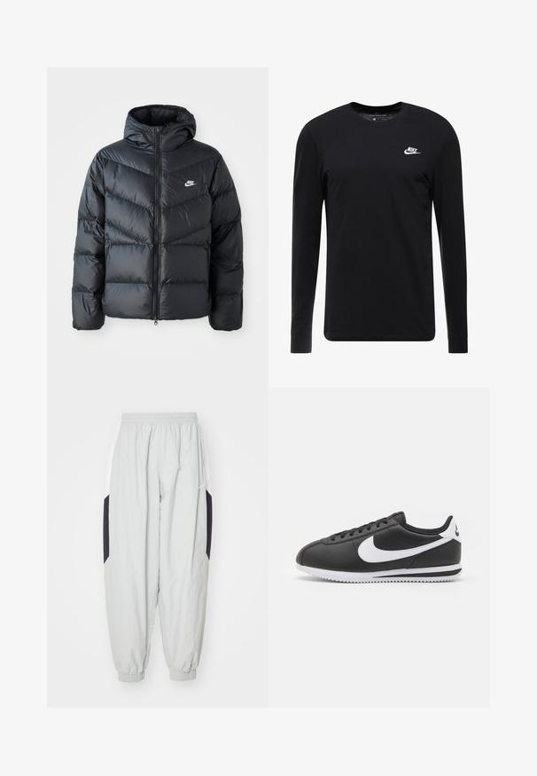 Chaqueta acolchada negra con capucha, con cierre de cremallera al frente, diseño de acolchado en forma de chevron, bolsillos laterales y logo de Nike en el pecho.; Camiseta negra de manga larga de algodón, con cuello redondo, puños acanalados y un pequeño logo blanco de Nike en el pecho.; Pantalones de chándal ligeros en gris claro, fabricados con material ligero, con cintura y puños elásticos, y paneles laterales en negro y blanco contrastantes.; Zapatilla de cuero negro con un swoosh y acentos en blanco. Presenta una punta redondeada, cierre con cordones y una suela de goma blanca texturizada.