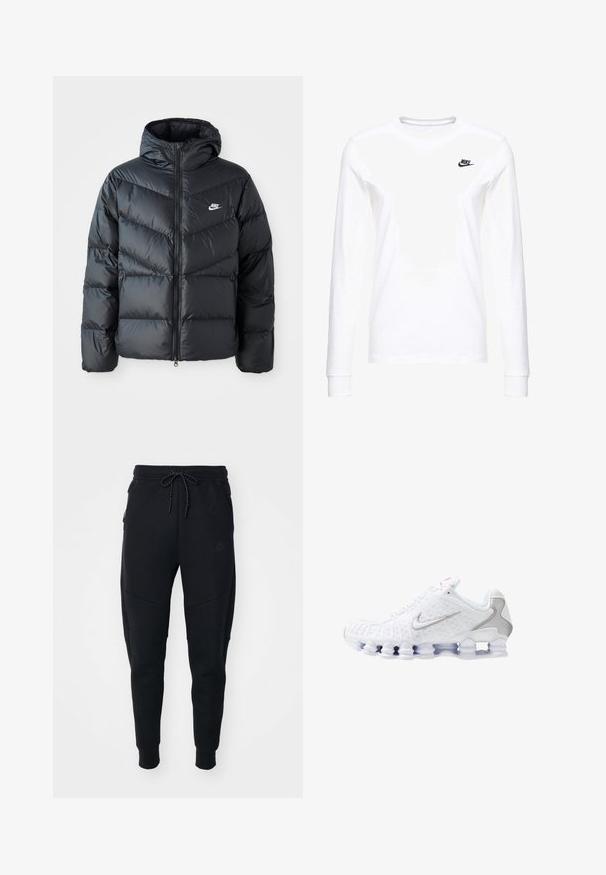 Doudoune noire avec capuche, avec fermeture éclair à l'avant, design matelassé en chevrons, poches latérales et logo Nike sur la poitrine.; T-shirt blanc à manches longues en coton, arborant un petit logo noir de Nike sur la poitrine gauche et un col rond. Texture lisse.; Joggings noirs en tissu doux, avec une taille à cordon, des jambes fuselées et des poches latérales au design élégant.; Chaussures de sport blanches avec une tige texturée, un logo Swoosh argenté, des empiècements en mesh et une semelle blanche segmentée distinctive.