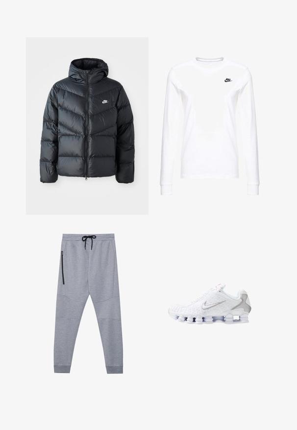 Zwarte pufferjack met capuchon, voorzien van een ritssluiting aan de voorkant, een chevron-quilt ontwerp, zijzakken en het Nike-logo op de borst.; Witte lange mouwen T-shirt van katoen, met een klein zwart Nike-logo op de linkerkant van de borst en een ronde halslijn. Gladde textuur.; Grijze sweatpants gemaakt van zachte stof met een trekkoord in de taille, taps toelopende benen en een zijvak met rits voor veilige opslag.; Witte sportschoenen met een gestructureerd bovenwerk, een zilveren swoosh-logo, meshpanelen en een opvallende gesegmenteerde witte zool.