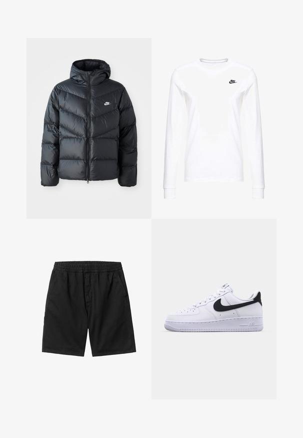 Doudoune noire avec capuche, avec fermeture éclair à l'avant, design matelassé en chevrons, poches latérales et logo Nike sur la poitrine.; T-shirt blanc à manches longues en coton, arborant un petit logo noir de Nike sur la poitrine gauche et un col rond. Texture lisse.; Shorts noirs avec une taille élastique, des poches latérales et une coupe droite. Fabriqués à partir d'un tissu léger avec une texture lisse.; Sneaker en cuir blanc avec un Swoosh noir texturé, des lacets plats et une semelle en caoutchouc avec un motif strié. "AIR" est embossé sur le talon.