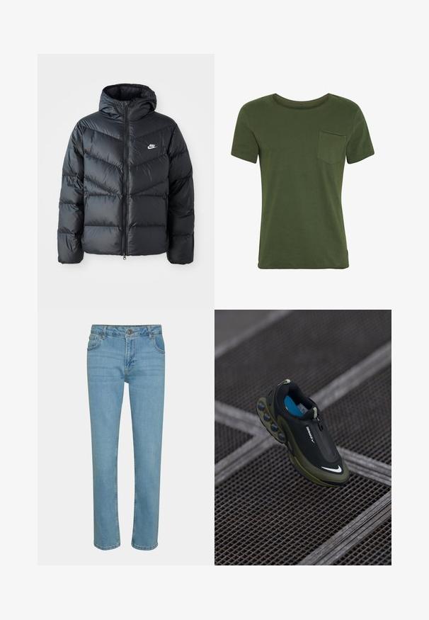 Sort dunjakke med hætte, der har lynlås foran, chevron quiltet design, sidelommer og Nike-logo på brystet.; Grøn bomulds t-shirt med korte ærmer, rund halsudskæring og en brystlomme. Har minimal syning og en glat, blød overflade.; Lyseblå denimjeans med lige ben-design, fem lommer og knaplukning. Glat tekstur og minimalistiske syninger.; Sort og oliven Nike Air Max sko med en glat overflade, lynlåslukning og karakteristiske luftdæmpningspuder i sålen. Blå indersål synlig.