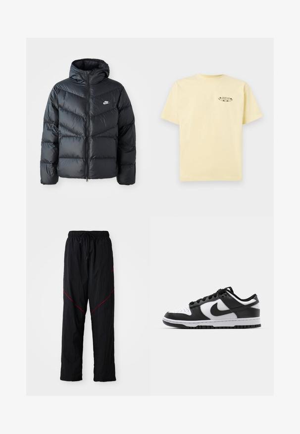 Must must vilakapp, millel on kapuuts, esiosal on lukuga kinnitamine, chevroni õmblusmustri disain, küljetaskud ja Nike logo rinnal.; Kollane puuvillane t-särk lühikeste varrukatega ja ümarate kaelustega, mille vasakus rinnas on trükitud graafiline logo.; Mustad mustas sportlikud püksid tekstureeritud viimistlusega, millel on paelael, punased rõhutruud ja avar lõige.; Mustavalged Nike Dunk tossud, millel on nahk ülemine osa, perforeeritud varvaseosa, mustad paelarid ja must kummist tall, millel on mustriga disain.