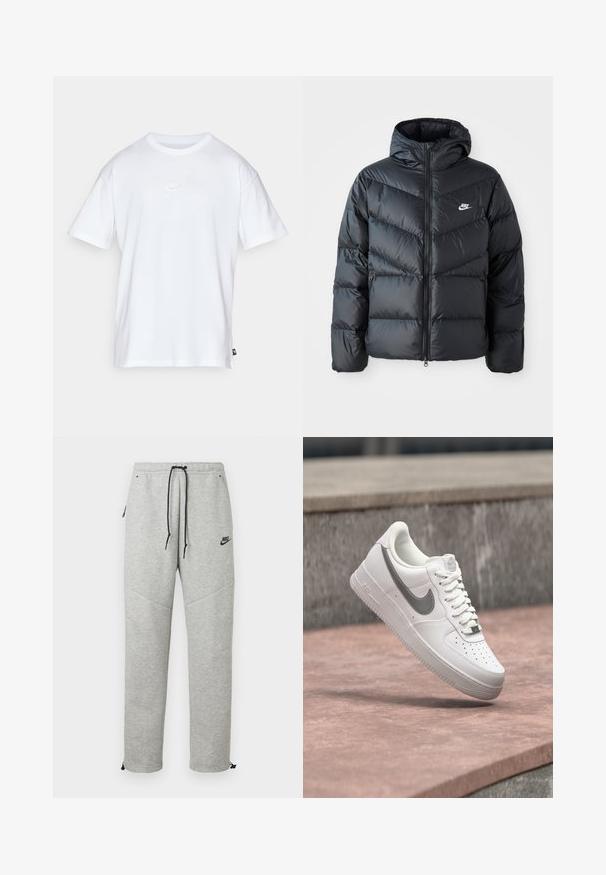 Schwarze Pufferjacke mit Kapuze, mit Reißverschluss vorne, Chevron-Steppdesign, Seiten Taschen und Nike-Logo auf der Brust.; Weißes Baumwoll-T-Shirt mit kurzen Ärmeln und Rundhalsausschnitt. Verfügt über ein kleines, dezentes Nike-Logo auf der Brust und ein seitliches Etikett.; Graue Nike Sweatpants mit einem Kordelzugbund, Seitentaschen und elastischen Bündchen. Sie haben eine glatte Textur und ein kontrastierendes schwarzes Logodetail.; Weißer Nike Air Force 1 Sneaker mit grauem Swoosh-Logo, der über einer Steinoberfläche und einem grauen Steinwandhintergrund schwebt.