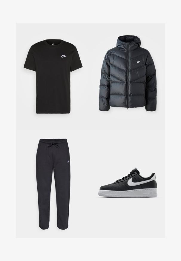 Zwarte pufferjack met capuchon, voorzien van een ritssluiting aan de voorkant, een chevron-quilt ontwerp, zijzakken en het Nike-logo op de borst.; Zwart katoen T-shirt met korte mouwen, ronde hals en een klein wit Nike-logo op de bovenste linkerborst. Gladde textuur. Klassieke pasvorm.; Zwarte sweatpants van zacht stof met een elastische tailleband, trekkoord en een klein Nike-logo op de linker bovenbeen.; Zwarte lederen sneaker met een textuur oppervlak, witte Nike swoosh, grijze zool, ronde neus en vetersluiting. Bevat perforaties op de neus.