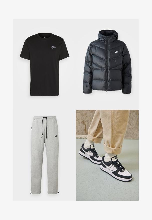Must must vilakapp, millel on kapuuts, esiosal on lukuga kinnitamine, chevroni õmblusmustri disain, küljetaskud ja Nike logo rinnal.; Must musta T-särk lühikeste varrukatega, ümmargune kaelus ja väike valge Nike logo vasakul rinnaosal. Sile tekstuur. Klassikaline lõige.; Hallid Nike spordipüksid, millel on nööriga vöökoht, küljetaskud ja elastsed mansetid. Omab siledat tekstuuri ja kontrastset musta logo detaili.; Mustvalge Nike Air Force 1 tossud nahast pealsega, perforeeritud varbaga ja tekstuurse tallaga, kantud kergete beige pükstega, mille alumine serv on üles keeratud, ja valgete sokkidega.