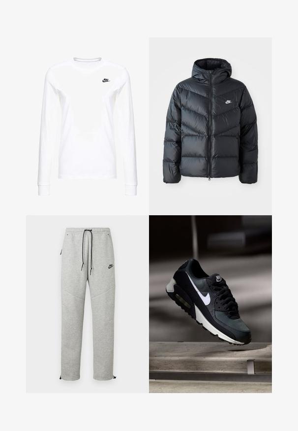 Schwarze Pufferjacke mit Kapuze, mit Reißverschluss vorne, Chevron-Steppdesign, Seiten Taschen und Nike-Logo auf der Brust.; Weißes Langarm-T-Shirt aus Baumwolle mit kleinem schwarzem Nike-Logo auf der linken Brust und rundem Halsausschnitt. Glatte Textur.; Graue Nike Sweatpants mit einem Kordelzugbund, Seitentaschen und elastischen Bündchen. Sie haben eine glatte Textur und ein kontrastierendes schwarzes Logodetail.; Schwarzer und grauer Nike Air Max Sneaker mit weißem Swoosh, schwebend über einer Betonfläche vor einem verschwommenen dunklen Hintergrund.