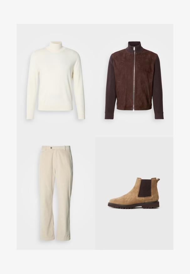 Brun ruskindsjakke med ribstrikkede ærmer. Har en høj krave og lynlås foran, sidelommer og en glat tekstur.; Lys cremefarvet turtleneck sweater lavet af blødt stof, med lange ærmer og en tætsiddende silhuet, uden synlige mønstre eller udsmykninger.; Beige kordfløjlsbukser med knap- og lynlåslukning, bæltestropper og lige ben på en hvid baggrund.; Brune suede Chelsea-boots med elastiske sidepaneler, gummisåler og trækstrop. Udstyret med en tekstureret finish og syet detaljer.