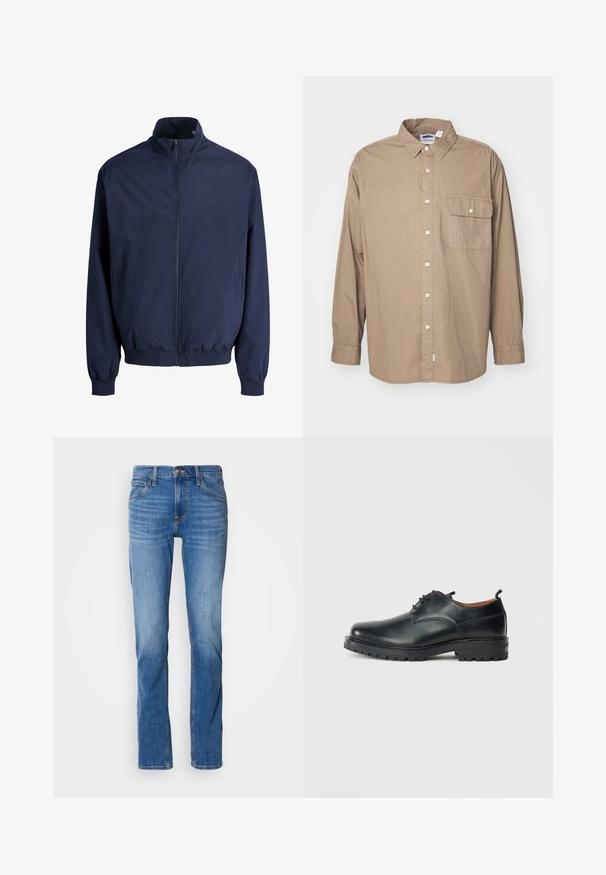 Veste zippée bleu marine avec col montant, poignets et taille élastiques, poches avant, présentée sur fond blanc.; Débardeur, manches longues, tissu coton beige clair, fermeture à boutons, poche poitrine simple avec rabat, col classique, ourlet droit.; Jeans en denim bleu avec une coupe droite, comportant cinq poches, une fermeture éclair à l'avant et des effets de délavage subtils. Coupe classique et lavage moyen.; Chaussures derby en cuir noir avec une texture lisse, bout rond, design à lacets et une semelle en caoutchouc épaisse et robuste.