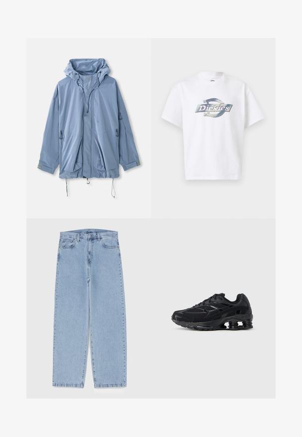 Lichtblauwe jas met een capuchon, verstelbare trekkoorden, twee voorkruiszakken en elastische manchetten. Gemaakt van waterafstotend materiaal met een gladde textuur.; Wit T-shirt met korte mouwen en een centrale metallic zilveren "Dickies"-logo op de borst, afgebeeld tegen een effen achtergrond.; Lichtblauwe denim jeans met een recht model, voorzien van een middelhoge taille, vijf zakken en een knoop- en ritssluiting.; Zwarte sportieve schoen met een bovenwerk van mesh, een gevoerde kraag en opvallende dempingstechnologie bij de hiel. Heeft gestructureerde accenten en veters.