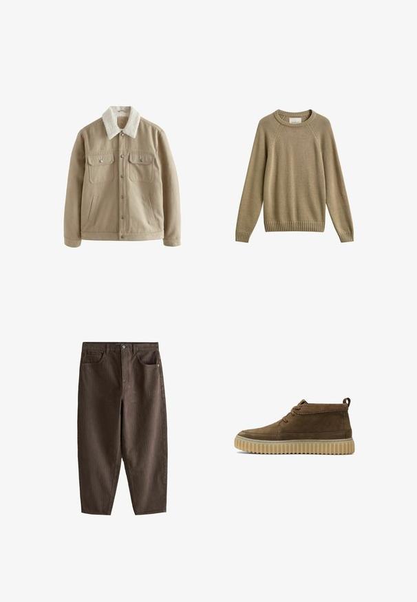 Beige Jacke mit einem weichen, weißen, flauschigen Kragen. Verfügt über zwei Brusttaschen, Seitentaschen und silberne Druckknöpfe. Baumwollmaterial mit glatter Textur.; Beiger Pullover mit Rundhalsausschnitt, langen Ärmeln, gerippten Bündchen und Saum sowie dezenter Nahtdetailierung vor schlichtem weißen Hintergrund.; Braune Hosen mit weitem Bein, feinen vertikalen Streifen, vorderem Knopf- und Reißverschluss, Gürtelschlaufen und vorderen Taschen.; Braune Wildleder-Stiefeletten mit runder Zehenform, minimalen Nähten und einer strukturierten, klobigen Gummisohle. Mit Schnürdesign und Fersenlasche.