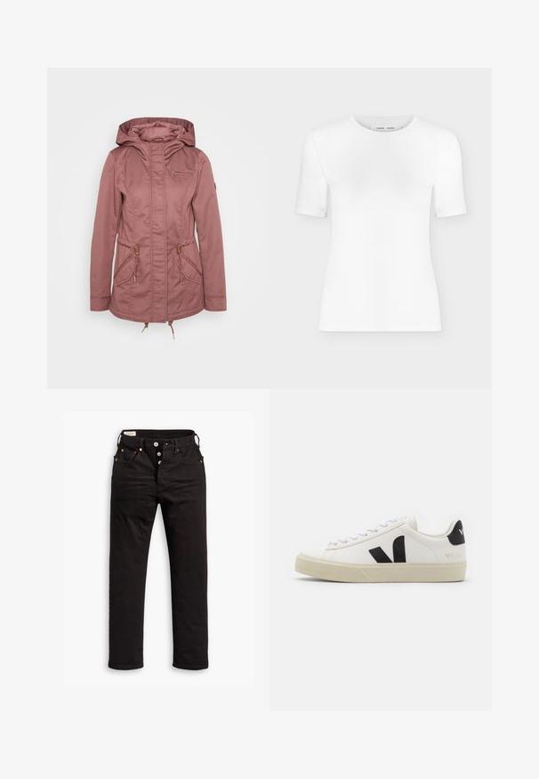 ONLY Petite ONLLORCA - Parka - rose brown; Weißes T-Shirt mit kurzen Ärmeln und Rundhalsausschnitt, schlanker Passform und gerippter Stoffstruktur, dargestellt vor einem schlichten hellgrauen Hintergrund.; Schwarze Straight-Leg-Jeans mit Knopfverschluss, Vorder- und Gesäßtaschen sowie Kupfennieten auf einem weißen Hintergrund.; Weißes Leder-Sneaker mit schwarzem Gummi-V-Logo. Strukturierte cremefarbene Sohle, weiße Schnürsenkel und Fersendetail in Schwarz mit dem Markennamen.