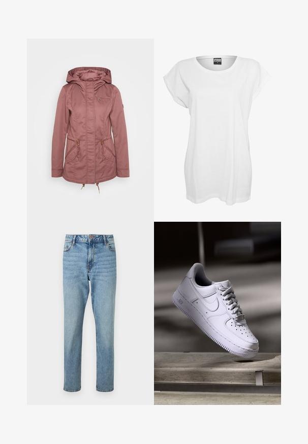 ONLY Petite ONLLORCA - Parka - rose brown; Weißes T-Shirt mit kurzen Ärmeln aus Baumwolle, das einen lässigen Schnitt, einen weiten Ausschnitt und ein minimalistisches Design ohne Muster oder Akzente aufweist.; Hellblaue, hoch taillierte Jeans mit geradem Bein, vorne mit Knopf- und Reißverschluss, vorderen Taschen und dezenten ausgewaschenen Details.; Weißer Nike Air Force 1 Sneaker schwebt über einer Betonoberfläche mit Schatten in einem minimalistischen Umfeld.
