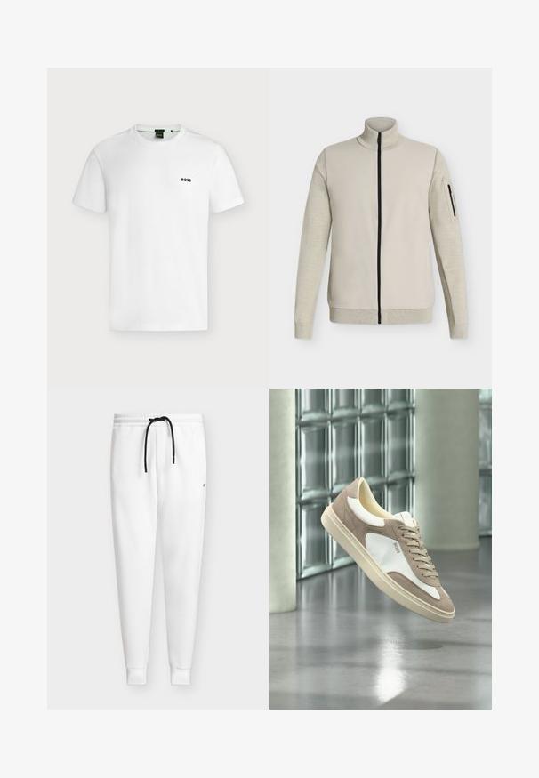 Beige Jacke mit durchgehendem Reißverschluss, mit geripptem Kragen, Bündchen und Saum, ausgestattet mit einer Reißverschlusstasche am linken Ärmel.; Schlichtes weißes T-Shirt mit kurzen Ärmeln und kleinem schwarzen "BOSS"-Logo auf der linken Brust, vor hellem Hintergrund gezeigt.; Weiße, schmal zulaufende Jogginghosen mit elastischem Bund, schwarzem Kordelzug, elastischen Bündchen an den Knöcheln und einem dezenten kleinen Logo auf der rechten Hüfte.; Beige und weiße Wildleder-Sneaker mit Schnürsenkeln und „BOSS“-Logo, schwebend über einem polierten Betonboden mit Glasbausteinwänden im Hintergrund.