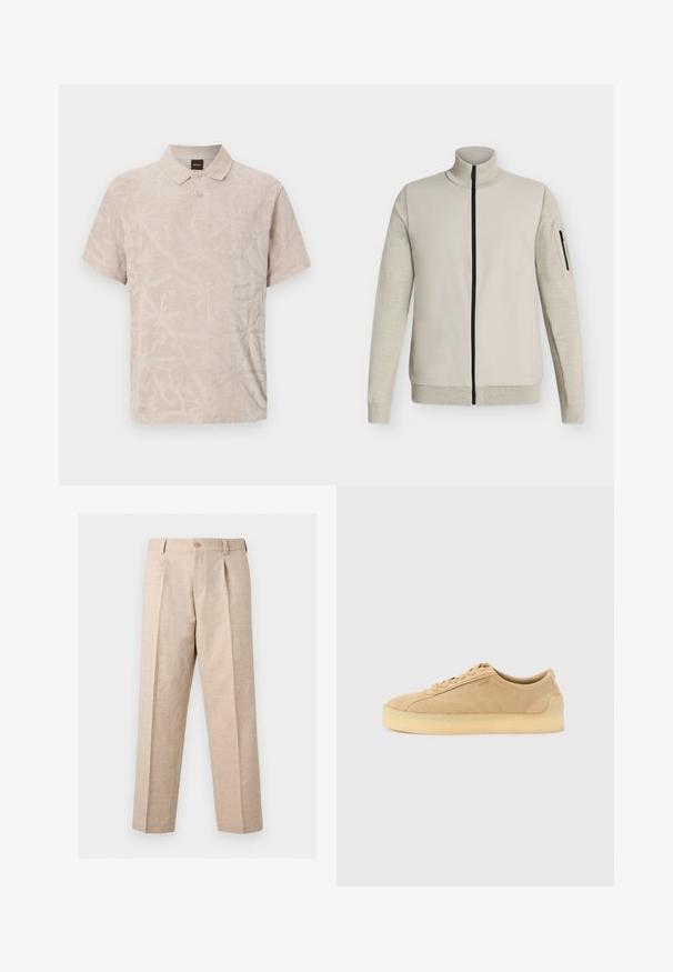 Veste beige à fermeture éclair intégrale avec col, poignets et ourlet côtelés, équipée d'une poche zippée sur la manche gauche.; Polo beige à manches courtes avec un motif floral texturé subtil, patte à deux boutons, col et étiquette BOSS dans le col.; Pantalon beige à jambes droites avec plis, fermeture par bouton, passants pour ceinture et coupe ajustée.; Baskets basses en daim beige avec semelle épaisse en gomme, fermeture à lacets à l'avant, et logo discret sur le côté, sur un fond uni gris clair.