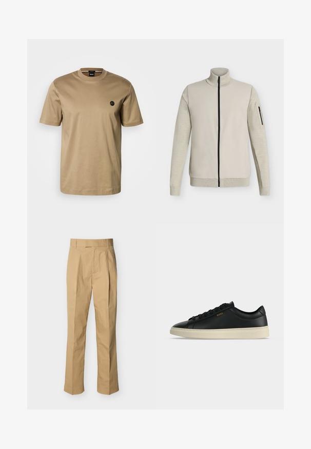 Veste beige à fermeture éclair intégrale avec col, poignets et ourlet côtelés, équipée d'une poche zippée sur la manche gauche.; T-shirt à manches courtes couleur fauve, en coton, avec un col rond et un petit logo noir sur la poitrine gauche. Texture lisse, coupe décontractée.; Pantalon beige en coton lisse à taille haute, avec des plis à l'avant et des jambes droites. Aucun équipement visible ni motifs.; Baskets basses en cuir noir avec semelle blanche, lacets noirs et petit logo BOSS doré sur le côté.