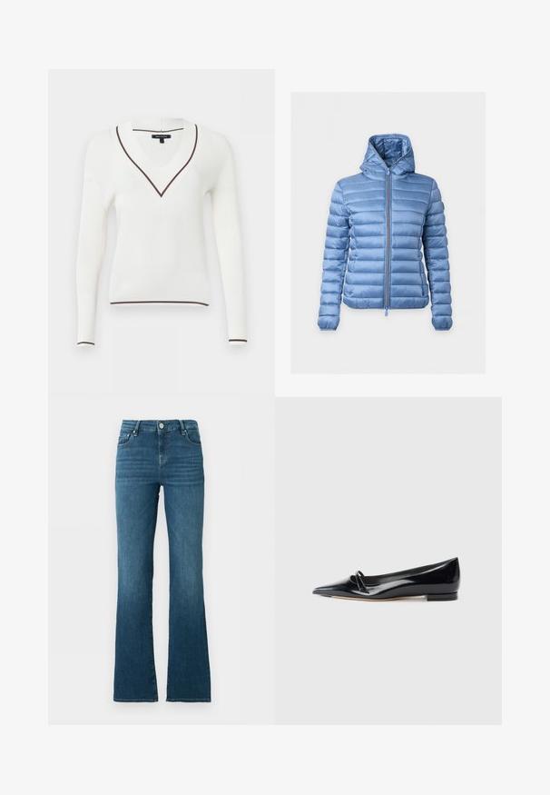 Veste matelassée bleu clair avec capuche et fermeture éclair devant, présentée sur un fond clair uni.; Pull blanc côtelé à manches longues avec encolure en V, bordure marron sur le col, les poignets et l'ourlet, et étiquette Armani Exchange à l'intérieur du col.; Jean en denim bleu taille haute avec une jambe droite légèrement évasée, bouton devant, fermeture éclair et style cinq poches sur fond uni.; Chaussure plate en cuir verni noir avec un bout pointu, une petite lanière décorative et un petit talon carré. Texture lisse et design épuré.