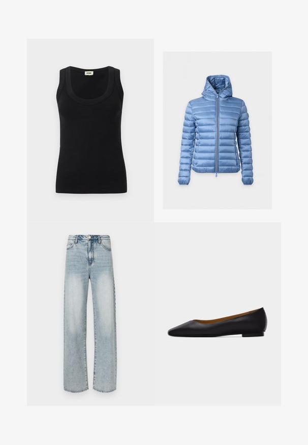 Veste matelassée bleu clair avec capuche et fermeture éclair devant, présentée sur un fond clair uni.; Débardeur en tissu côtelé noir avec larges bretelles et encolure dégagée, étiquette de la marque "DRYKORN" à l'intérieur du col au dos.; Jean large couleur bleu clair en denim, doté d'une taille haute, d'un design à cinq poches, d'une texture délavée et de détails de coutures visibles.; Chaussure plate en cuir noir à bout pointu avec talon bas et finition lisse, vue de côté sur un fond gris clair.