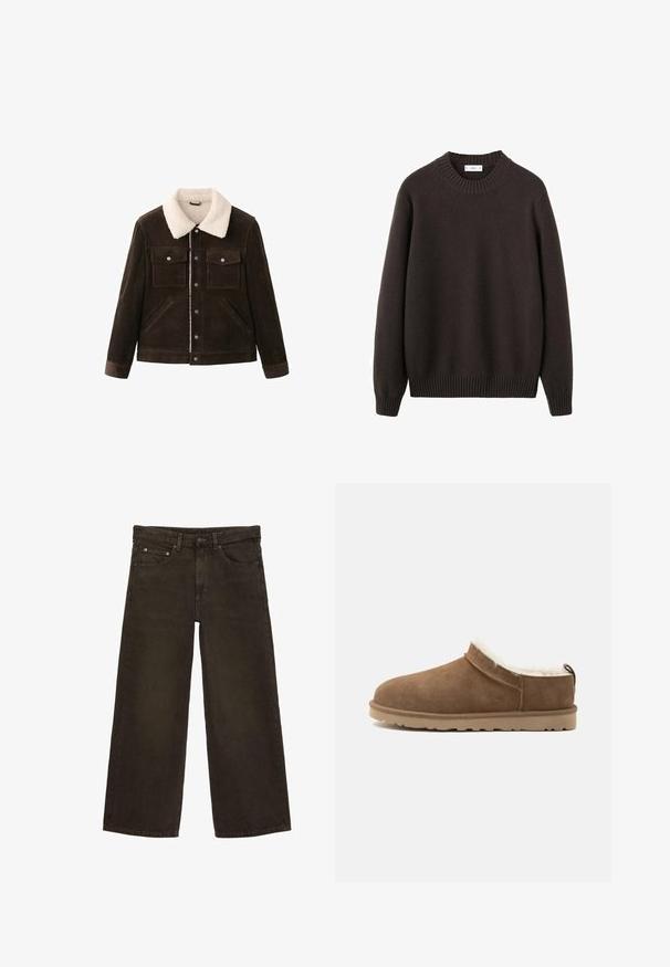 Veste en velours côtelé marron avec un col en sherpa blanc, comprenant deux poches poitrine, des poches latérales et des fermetures éclair à pression à l'avant.; Pull marron en tricot avec un col ras du cou côtelé, des manches longues et des poignets et un ourlet côtelés. Confectionné en fil doux avec une finition texturée.; Jean en denim marron à jambes larges avec poches avant, passants pour ceinture, fermeture par bouton et fermeture éclair.; Chausson marron en daim à enfiler avec semelle beige et doublure polaire blanche, conçu pour la chaleur et le confort à l’intérieur.
