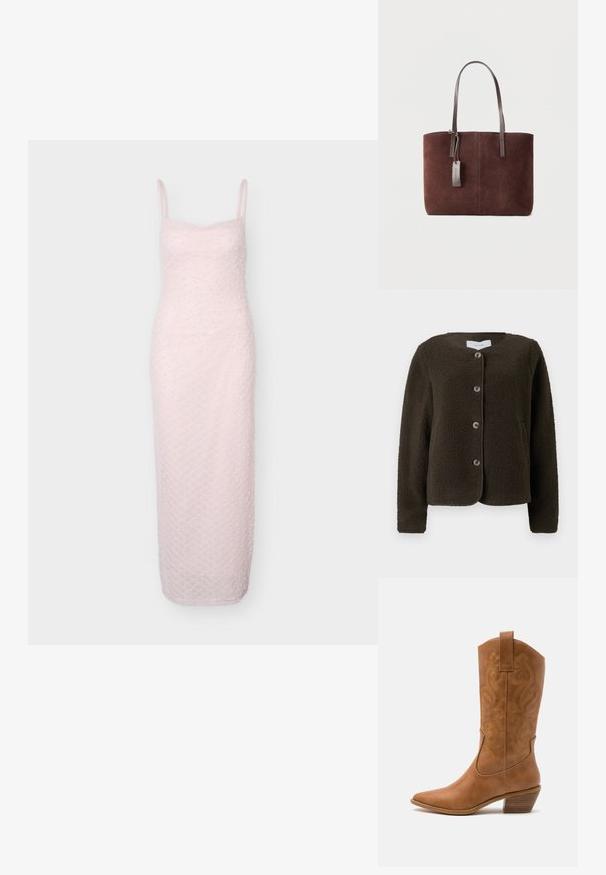 Brun fleecejakke med rund halsudskæring, frontknaplukning og sidelommer. Blød tekstur og let cropped design.; Lyserød ærmeløs midi-kjole med tynde stropper, tætsiddende silhuet og tekstureret prikket mønster over hele stoffet.; Tan læder cowboystøvle med spids tå, broderede svirvelmønstre på skaftet og en stablet blokhæl. Har en træksløjfe for nem af/på.; Brun ruskind skuldertaske med mørke læderhåndtag og et lille lædermærke fastgjort på en ensfarvet lys baggrund.