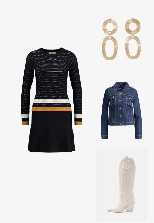 Mørkeblå denimjakke med krave, knapfront og to brystlommer. Har gul syning og et cropped design.; Sort strikket kjole med lange ærmer, rund halsudskæring og horisontale striber i hvid og guld ved taljen og ærmerne, samt en udvidet nederdel.; Hvide læder cowboystøvler med spidse tæer og blokhæle. Har intrikate syninger på skaftet og en glat tekstur.; sweet deluxe Øreringe - gold-coloured