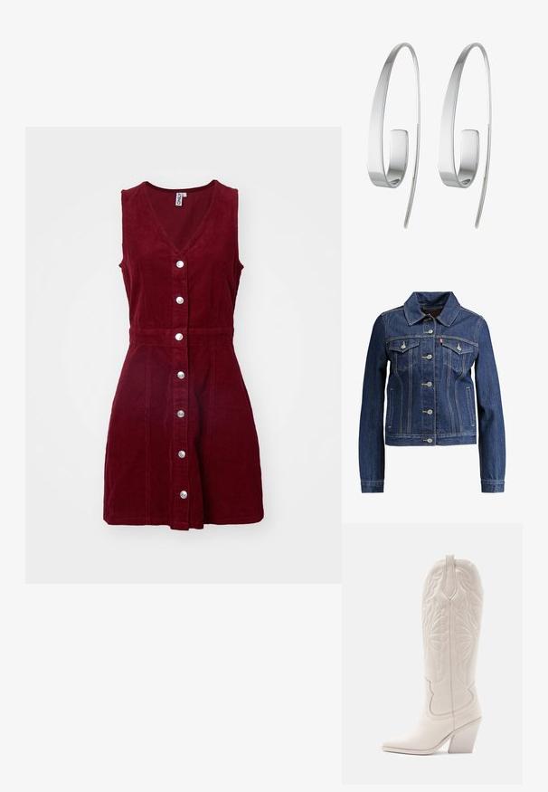 Veste en denim bleu foncé avec un col, un devant à boutons et deux poches poitrine. Présente des coutures jaunes et un design cropped.; ONLY ONLMOXIE DRESS - Robe de jour - cabernet; Bottine de cowboy en cuir blanc avec un bout pointu et un talon bloc. Présente des motifs de broderie complexes sur la tige et une texture lisse.; Boucles d'oreilles en argent avec un design allongé et épuré. Fabriquées en métal poli, présentant une texture lisse et un style minimaliste.