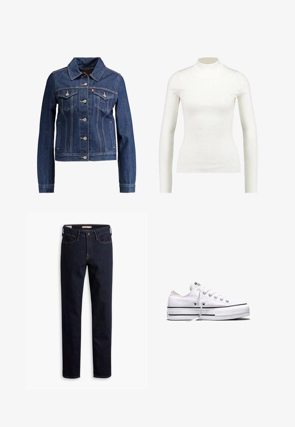 Donkerblauwe denimjas met een kraag, knopen aan de voorkant en twee borstzakken. Voorzien van gele stiksels en een cropped ontwerp.; Geribbelde witte lange mouw turtleneck top met een fitted ontwerp en gladde textuur, voorzien van een hoge halslijn en slanke silhouet.; Donkerblauwe rechte jeans met knoop- en ritsluiting, voor- en achterzakken en contraststiksels.; Witte lage canvas sneaker met witte veters, zwarte strepen op de zool en een rubberen, getextureerde neuskap, zijaanzicht op een witte achtergrond.