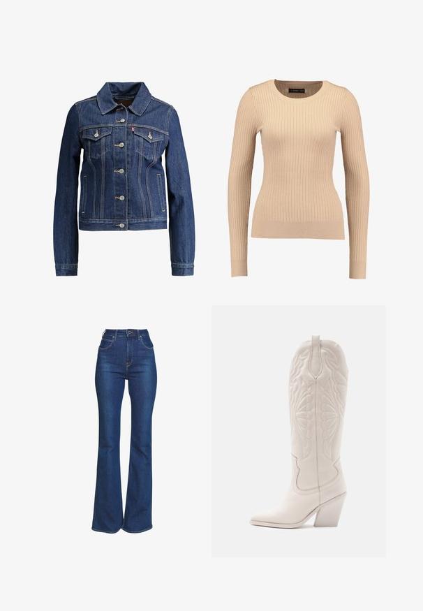 Veste en denim bleu foncé avec un col, un devant à boutons et deux poches poitrine. Présente des coutures jaunes et un design cropped.; Pull long à manches longues en beige clair, fabriqué dans un tissu extensible. Présente un col rond et une silhouette ajustée avec des poignets resserrés.; Jeans évasés taille haute en denim bleu foncé. Avec surpiqûres contrastées, design classique à cinq poches et fermeture à bouton.; Bottine de cowboy en cuir blanc avec un bout pointu et un talon bloc. Présente des motifs de broderie complexes sur la tige et une texture lisse.