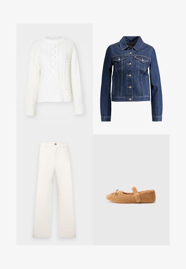 Veste en denim bleu foncé avec un col, un devant à boutons et deux poches poitrine. Présente des coutures jaunes et un design cropped.; Pull en tricot blanc avec un motif en relief de type cable, encolure ronde et manches longues. Le design comprend une section avant en diagonale.; Pantalon beige à jambe large en tissu texturé. Comprend une fermeture à boutons à l'avant et des passants pour ceinture. Design simple et épuré sans motifs.; Chaussures en forme de pantoufles, marron et moelleuses, avec un bout arrondi, une sangle sur le dessus et un joli nœud décoratif à l'avant. Texture douce.