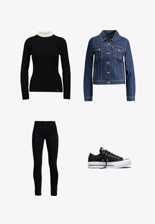 Veste en denim bleu foncé avec un col, un devant à boutons et deux poches poitrine. Présente des coutures jaunes et un design cropped.; Haut noir à manches longues côtelé avec un col en dentelle blanc, affichant une silhouette ajustée et une texture douce. Logo subtil à l'ourlet.; Jean skinny noirs en tissu mélangé coton, présentant une taille haute, un design classique à cinq poches, et une fermeture à bouton à l'avant.; Baskets basses en toile noire avec semelle plateforme en caoutchouc blanche, lacets noirs et œillets métalliques sur fond blanc.