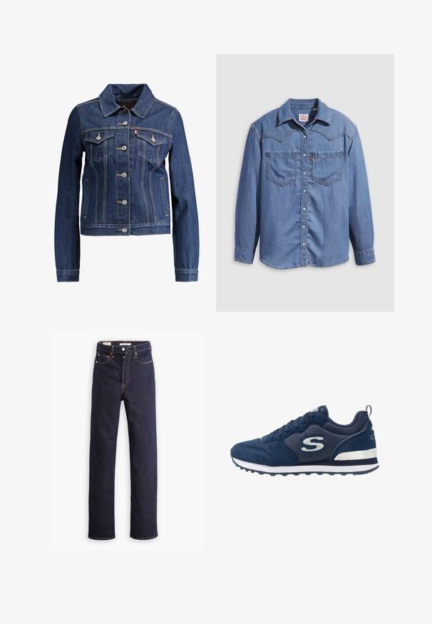Chaqueta de denim azul oscuro con cuello, cierre de botones y dos bolsillos en el pecho. Presenta costuras amarillas y un diseño corto.; Camisa de mezclilla azul claro con cuello puntiagudo, dos bolsillos en el pecho y botones a presión. Presenta un diseño de canesú estilo occidental.; Jeans de mezclilla rectos de color azul oscuro con cinco bolsillos y costuras naranjas visibles sobre un fondo blanco.; Zapatilla deportiva azul marino con materiales de ante y malla, que presenta un logo plateado prominente, parte superior texturizada y una media suela blanca.