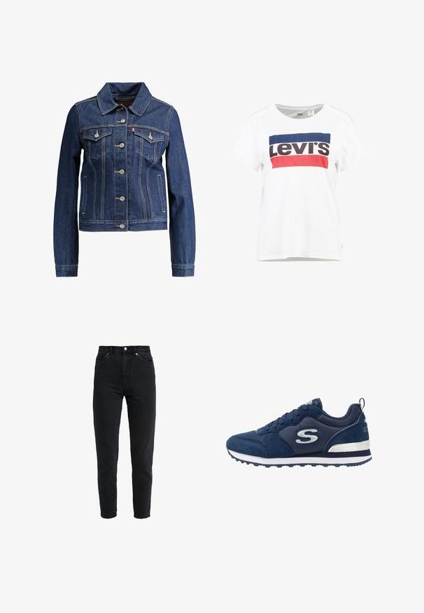 Donkerblauwe denimjas met een kraag, knopen aan de voorkant en twee borstzakken. Voorzien van gele stiksels en een cropped ontwerp.; Witte katoenen t-shirt met korte mouwen en een ronde hals, met een centraal ontwerp van het Levi's-logo in blauw, rood en zwart.; High-waist zwarte spijkerbroek met voorste knoop en rits, twee voorzakken en taps toelopende pijpen op een witte achtergrond.; Marineblauwe sportschoen van suede en mesh materialen, met een opvallend zilveren logo, gestructureerde bovenkant en een witte tussenzool.