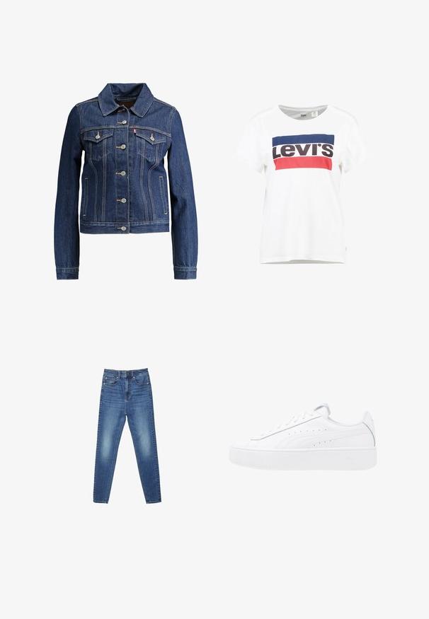Mørkeblå denimjakke med krave, knapfront og to brystlommer. Har gul syning og et cropped design.; Hvid bomulds t-shirt med korte ærmer og rund hals, med et centralt blå, rød og sort Levi's logo design.; Blå high-waist slim-fit denimjeans med lommer foran og bagpå, knaplukning og diskrete falmede detaljer på lår og knæ.; Hvide platform sneakers med overdel i læder, rund tå og snørelukning. Har sidelufthuller og diskret branding på hælen.
