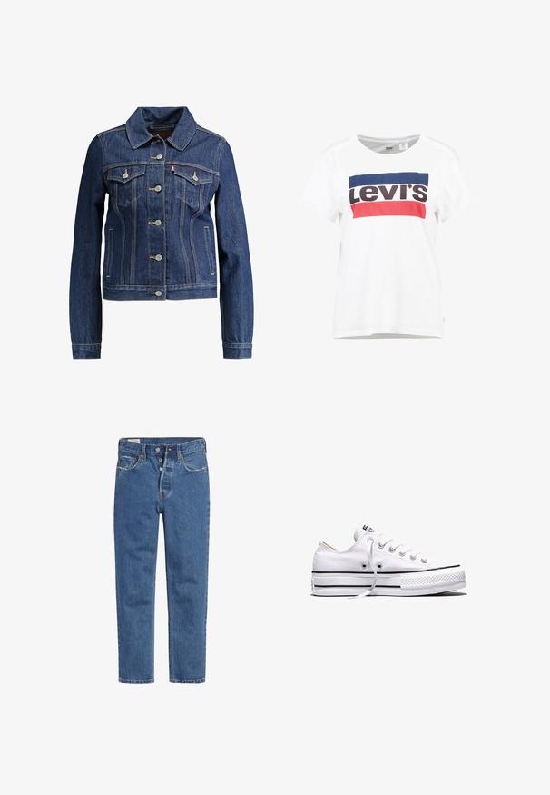 Donkerblauwe denimjas met een kraag, knopen aan de voorkant en twee borstzakken. Voorzien van gele stiksels en een cropped ontwerp.; Witte katoenen t-shirt met korte mouwen en een ronde hals, met een centraal ontwerp van het Levi's-logo in blauw, rood en zwart.; Blauwe denim jeans met een high-waisted ontwerp, vijf knopen sluiting en rechte pijpen. De stof heeft een gestructureerde, licht vervaagde afwerking.; Witte lage canvas sneaker met witte veters, zwarte strepen op de zool en een rubberen, getextureerde neuskap, zijaanzicht op een witte achtergrond.