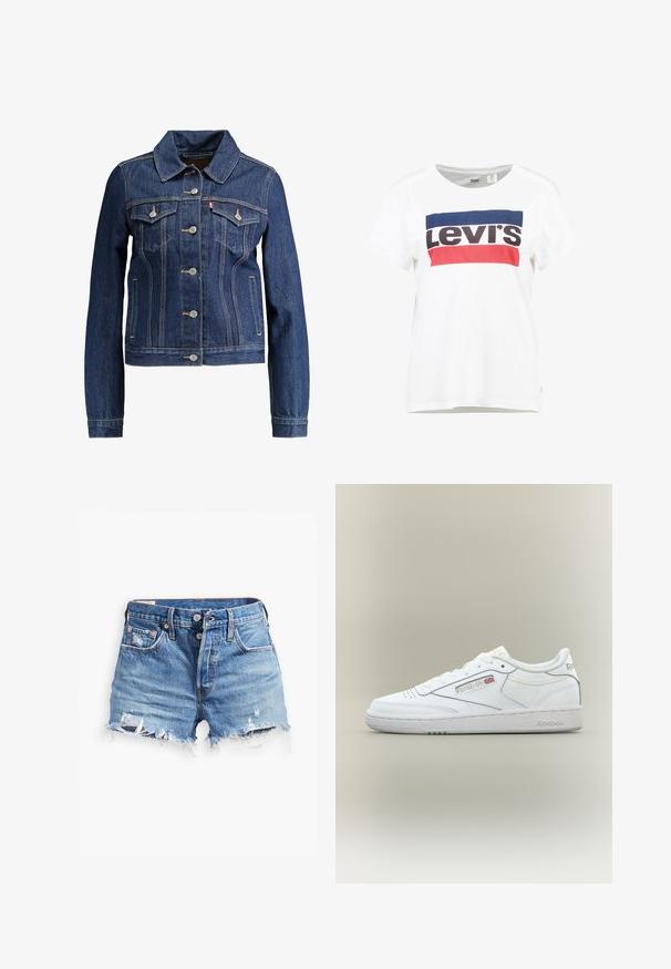 Veste en denim bleu foncé avec un col, un devant à boutons et deux poches poitrine. Présente des coutures jaunes et un design cropped.; T-shirt en coton blanc à manches courtes et col rond, arborant un design central du logo Levi's en bleu, rouge et noir.; Shorts en denim bleu clair avec des bords effilochés, taille haute, fermeture à bouton et deux poches avant ; des détails usés ajoutent de la texture.; Baskets basses blanches Reebok avec détails de couture, perforations près des orteils et logo Reebok avec un petit Union Jack sur le côté.