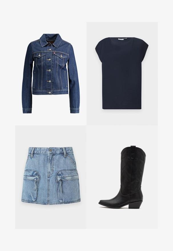 Chaqueta de denim azul oscuro con cuello, cierre de botones y dos bolsillos en el pecho. Presenta costuras amarillas y un diseño corto.; Camisa azul marino oscuro de manga corta con escote redondo, presentada en plano sobre fondo gris claro.; Mini falda de mezclilla azul con dos grandes bolsillos frontales con solapa, tiradores de cremallera y trabillas en la cintura.; Bota de cowboy de cuero negro con puntera puntiaguda, tacón bajo y apilado, y un intrincado patrón de hojas grabado en el eje. Asa en la parte superior para facilitar el uso.