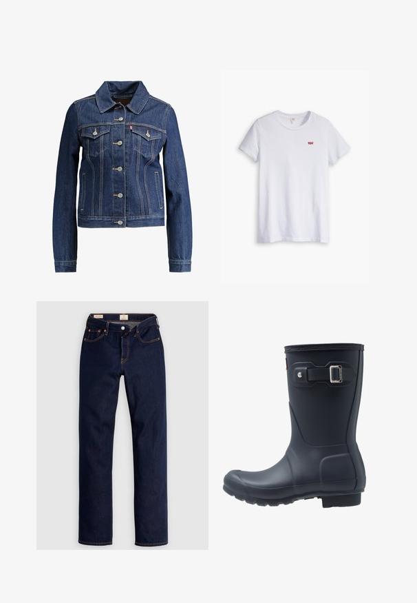 Dunkelblaue Jeansjacke mit Kragen, Knopfleiste und zwei Brusttaschen. Mit gelben Nähten und einem kürzeren Design.; Weißes Baumwoll-T-Shirt mit kurzen Ärmeln und rundem Ausschnitt. Besitzt ein kleines rotes Levi's-Logo auf der linken Brustseite.; Dunkelblaue Jeans mit geradem Bein, oranger Naht, fünf Taschen und Knopfverschluss, flach auf einem hellen Hintergrund ausgebreitet.; Schwarze Gummiregenstiefel mit runder Zehenform, strukturiierter Sohle und verstellbaren Riemendetails. Glatte Oberfläche mit matter Oberfläche.
