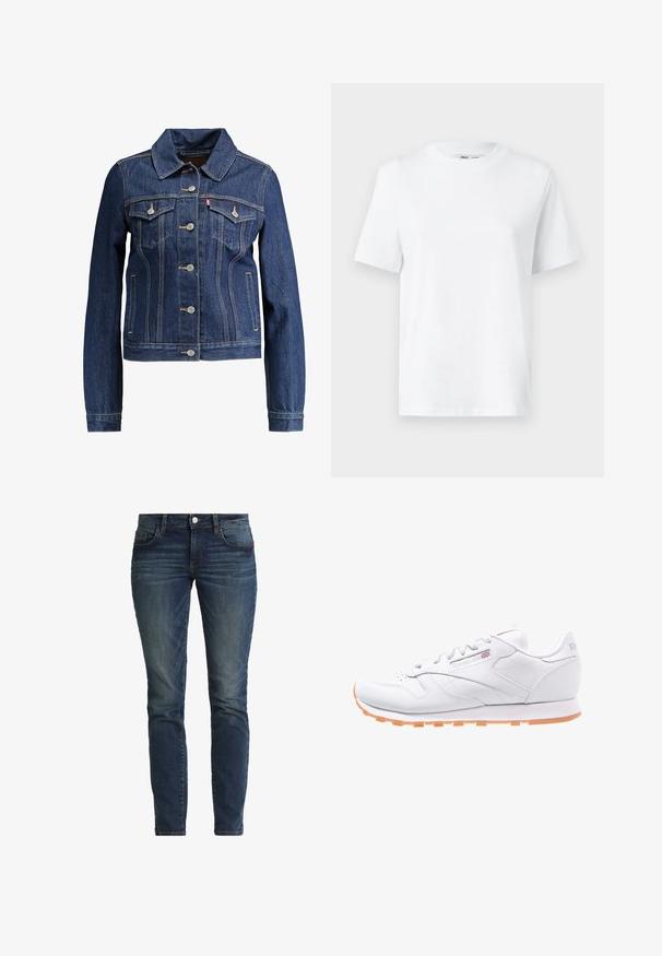 Dunkelblaue Jeansjacke mit Kragen, Knopfleiste und zwei Brusttaschen. Mit gelben Nähten und einem kürzeren Design.; Weißes Baumwoll-T-Shirt mit Rundhalsausschnitt, kurzärmlig und mit glatter Textur. Entworfen mit einer lockeren Passform für Komfort und Vielseitigkeit.; TOM TAILOR TTALEXA Slim - Jeans Slim Fit - dark stone wash denim blue; Weiße Leder-Laufschuhe mit strukturierter Oberfläche, gummierter oranger Laufsohle und Reebok-Logo an der Seite und auf der Zunge. Standard Schnürverschluss.