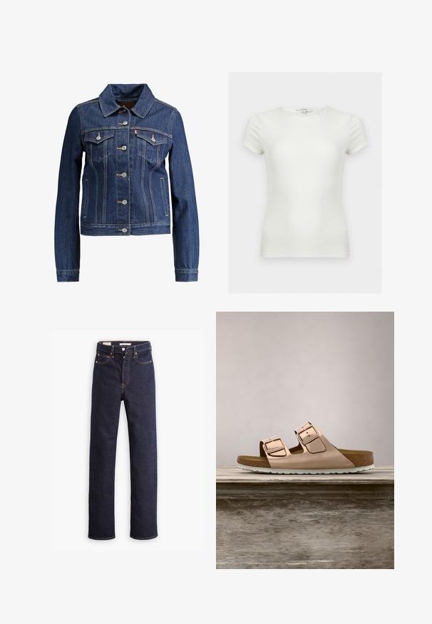 Dunkelblaue Jeansjacke mit Kragen, Knopfleiste und zwei Brusttaschen. Mit gelben Nähten und einem kürzeren Design.; Schlichtes weißes, tailliertes T-Shirt mit kurzen Ärmeln und rundem Halsausschnitt, auf neutralem Hintergrund dargestellt.; Dunkelblaue gerade geschnittene Denim-Jeans mit fünf Taschen und sichtbaren orangefarbenen Nähten auf einem weißen Hintergrund.; Roségoldene Rutsch-Sandalen mit zwei verstellbaren Metall-Schnallen, Kork-Fußbett und weißer Gummisohle. Glatte metallische Oberfläche, offene Zehenspitze.