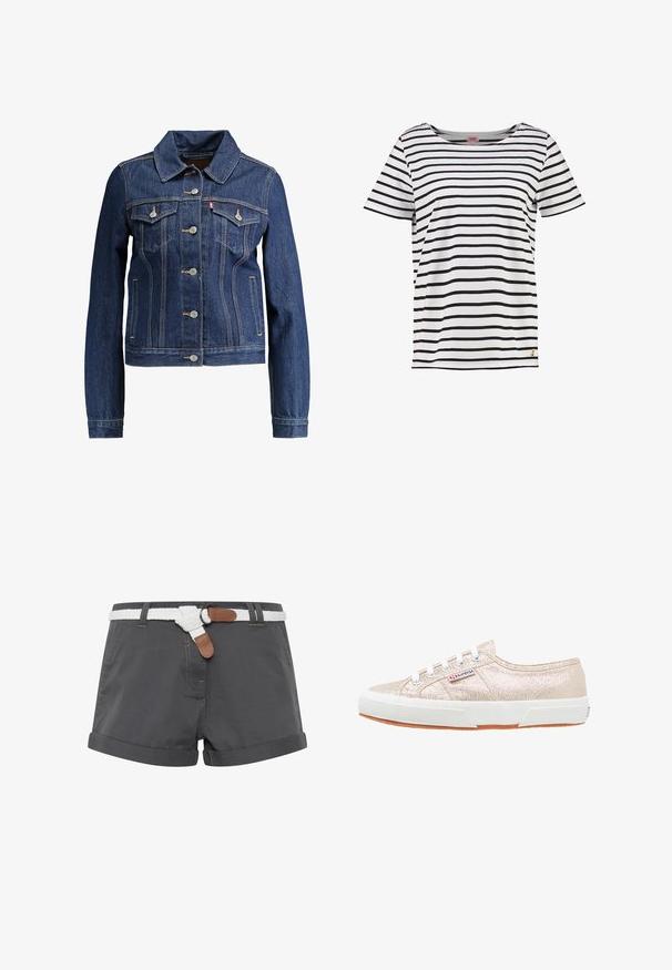 Mørkeblå denimjakke med krave, knapfront og to brystlommer. Har gul syning og et cropped design.; Hvid t-shirt med korte ærmer og sorte horisontale striber, rund halsudskæring og lille logo detalje nederst til højre. Blød stoftekstur.; Grå bomuldsshorts med opkrøllede kanter, prydet med et hvidt flettet bælte og brune læderdetaljer. Syningerne er synlige på stoffet.; Metaliske guld sneakers med en struktureret overflade, hvid gummisål og runde snørebånd; har en logo patch på siden og en gummisål.
