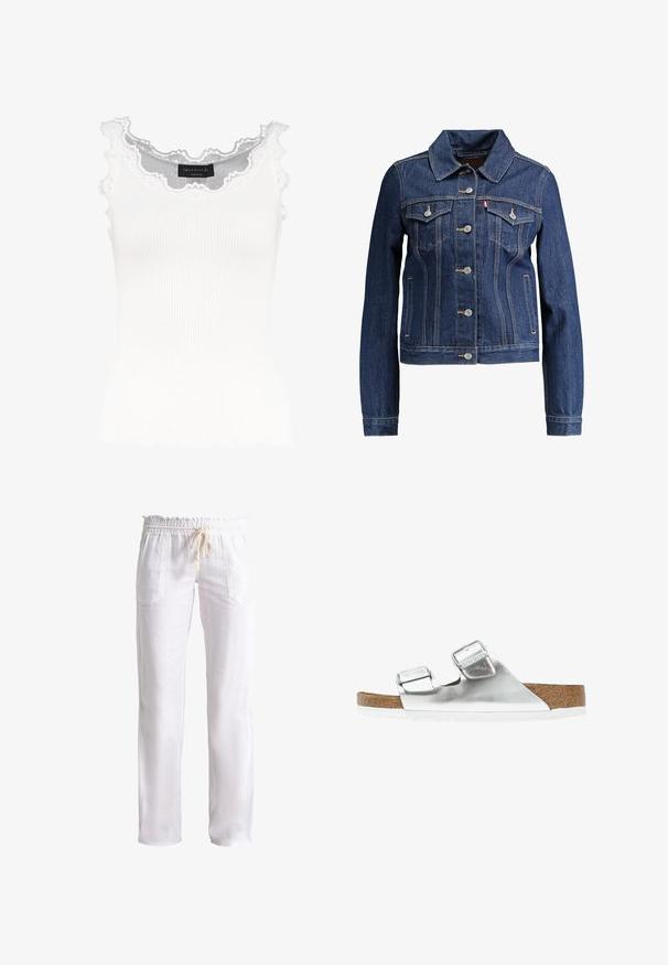 Veste en denim bleu foncé avec un col, un devant à boutons et deux poches poitrine. Présente des coutures jaunes et un design cropped.; Débardeur blanc à côtes avec dentelle au niveau de l'encolure et des manches. Présente une texture douce et une coupe ajustée. Étiquette de la marque visible à l'intérieur.; Pantalons en lin blanc avec une coupe décontractée, taille élastique et cordon de serrage. Comprend deux poches avant et une texture lisse.; Sandale métallique argentée avec deux brides réglables, semelle intérieure en liège et semelle blanche. Surface supérieure lisse avec une finition brillante.