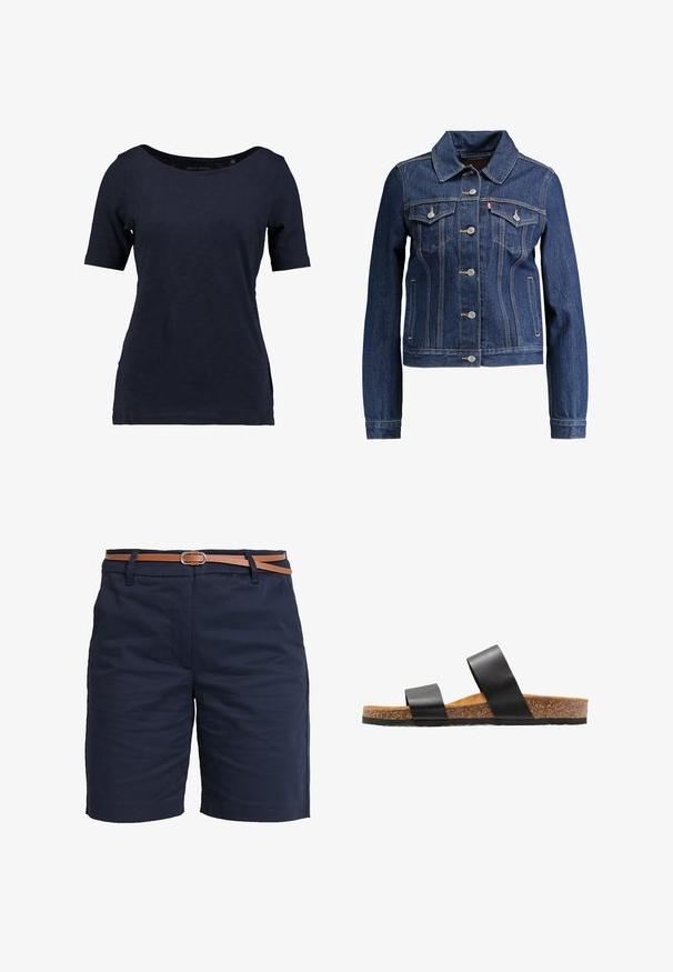 Donkerblauwe denimjas met een kraag, knopen aan de voorkant en twee borstzakken. Voorzien van gele stiksels en een cropped ontwerp.; Marineblauwe t-shirt met korte mouwen, gemaakt van katoen. Heeft een ronde halslijn en een relaxte pasvorm met zijsplitten voor betere bewegingsvrijheid.; Marineblauwe katoenen shorts met een gladde textuur, voorzien van een brown leren riem en een klassieke rechte pijp. Geen zichtbare patronen of versieringen.; Zwarte leren slipper sandalen met twee brede banden en een kurken voetbed. Kenmerken zijn een gestructureerde zool voor grip en een vlak, open ontwerp.