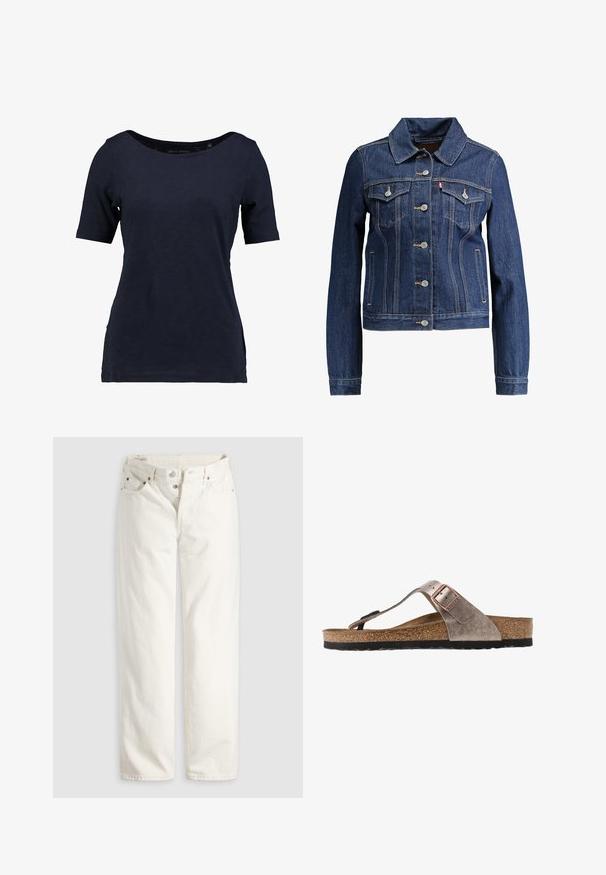 Dunkelblaue Jeansjacke mit Kragen, Knopfleiste und zwei Brusttaschen. Mit gelben Nähten und einem kürzeren Design.; Kragenloses T-Shirt aus Baumwolle in Marineblau mit kurzen Ärmeln. Es verfügt über einen U-Boot-Ausschnitt und einen lockeren Schnitt mit seitlichen Schlitzen für mehr Bewegungsfreiheit.; Weiße, hoch taillierte Jeans mit geradem Bein, Knopfleiste, Vorder- und Gesäßtaschen sowie sichtbaren Kupfernieten an den Taschenecken.; Braunes Leder-Flip-Flop-Sandal mit strukturiertem Obermaterial, verstellbarem Riemen mit einer metallischen Schnalle und einem gepolsterten Korkfußbett. Schwarze Laufsohle.