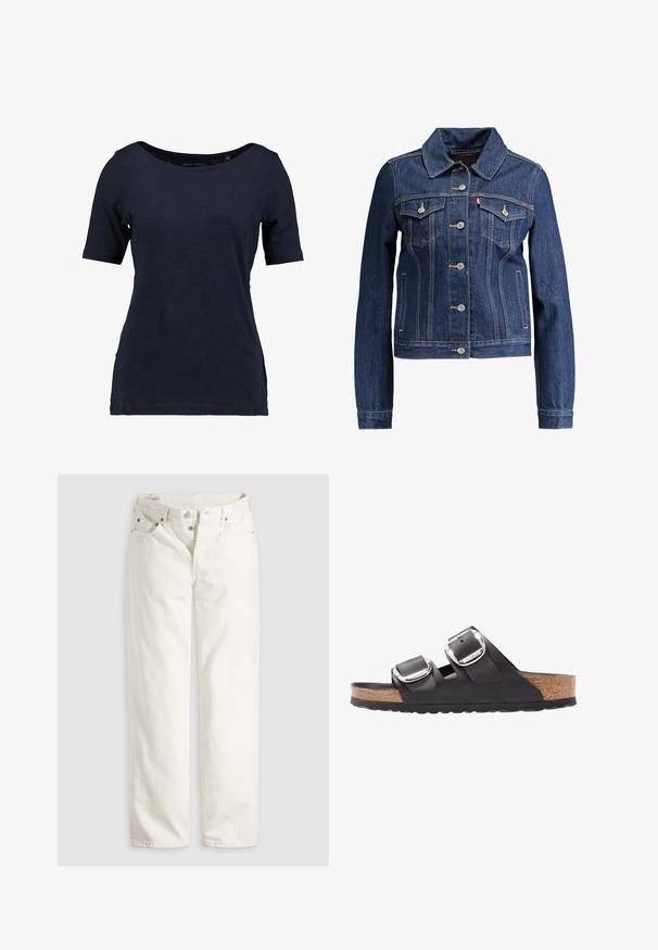 Mørkeblå denimjakke med krave, knapfront og to brystlommer. Har gul syning og et cropped design.; Mørkeblå kortærmet t-shirt lavet af bomuld. Har en rund halsudskæring og en afslappet pasform med sideudskæringer for bedre bevægelsesfrihed.; Hvide jeans med høj talje, lige ben, knaplukning, lommer foran og bagpå samt synlige kobbernitter i lommekanterne.; Sort sandal med to justerbare remme, sølvspænder og en korksål på en struktureret sort gummisål.