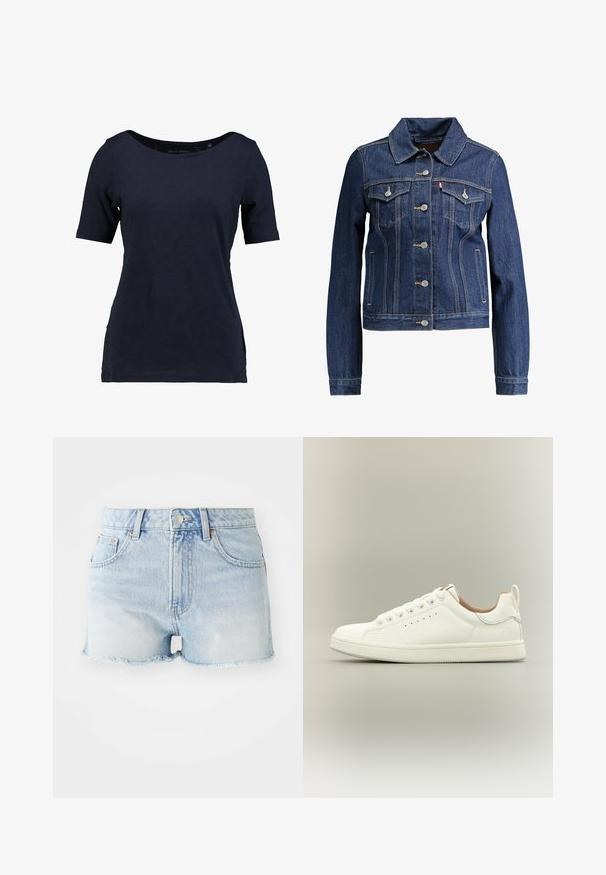 Mørkeblå denimjakke med krave, knapfront og to brystlommer. Har gul syning og et cropped design.; Mørkeblå kortærmet t-shirt lavet af bomuld. Har en rund halsudskæring og en afslappet pasform med sideudskæringer for bedre bevægelsesfrihed.; Lette blå denimshorts med høj talje, frynset kant, for- og baglommer samt knap i kobberfarve.; Hvid lav sneaker med snørebånd, perforerede sidedetaljer og en trækflap på hælen, sat mod en neutral baggrund.