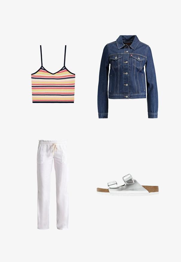 Veste en denim bleu foncé avec un col, un devant à boutons et deux poches poitrine. Présente des coutures jaunes et un design cropped.; Crop top tricoté avec fines bretelles noires et rayures horizontales multicolores en rose, jaune, blanc, rouge et noir motif zigzag.; Pantalons en lin blanc avec une coupe décontractée, taille élastique et cordon de serrage. Comprend deux poches avant et une texture lisse.; Sandale métallique argentée avec deux brides réglables, semelle intérieure en liège et semelle blanche. Surface supérieure lisse avec une finition brillante.