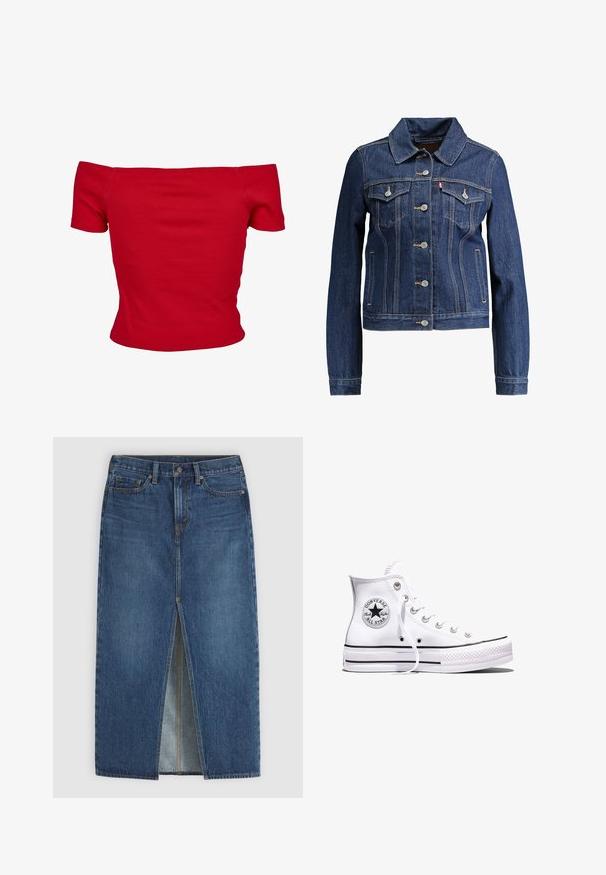 Veste en denim bleu foncé avec un col, un devant à boutons et deux poches poitrine. Présente des coutures jaunes et un design cropped.; Haut rouge à épaules dénudées en tissu côtelé, avec des manches courtes et une coupe ajustée. Texture lisse, couleur unie sans motifs.; Jupe midi en denim bleu avec fente centrale à l'avant, passants de ceinture, fermeture par bouton et style cinq poches.; Baskets blanches montantes Converse Chuck Taylor All Star avec des rayures noires et un patch logo sur le côté, présentées sur un fond blanc uni.