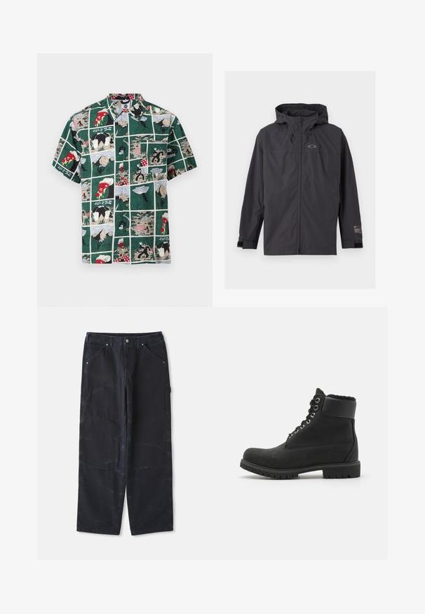 Veste coupe-vent noire à capuche avec fermeture éclair sur le devant et sangles de poignet réglables, présentée à plat sur un fond clair.; Chemise à manches courtes avec fermeture à boutons, motif bande dessinée verte comprenant des personnages de dessin animé, des parts de pizza, des montagnes et des scènes de pique-nique.; Pantalons larges noirs en denim avec une finition texturée, dotés de poches avant et d'une fermeture à bouton classique.; Bottines noires en daim avec une semelle en caoutchouc, dotées d'œillets en métal, de lacets et d'un col en fausse fourrure douce autour du haut.