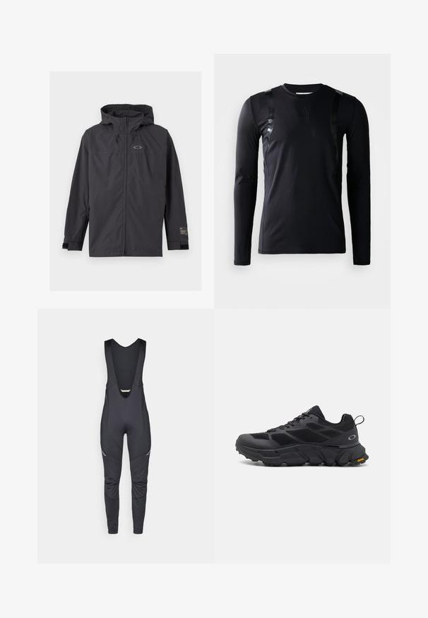 Zwarte windjack met capuchon, ritssluiting aan de voorkant en verstelbare polsbandjes, plat neergelegd op een lichte achtergrond.; Zwarte lange-mouwen sportshirt gemaakt van glad, rekbaar materiaal. Kenmerkt zich door glanzende zwarte accenten op de schouders en een Adidas-logo op de borst.; Vaude MENS MATERA WARM - Lange fietsbroek met bandjes - black; Zwarte sportschoenen met een stevige zool, een bovenwerk van mesh en synthetisch materiaal, getextureerde accenten en Vibram-branding op de buitenzool.